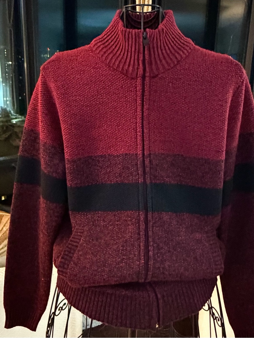 Burgundy Zip-Front Knit Sweater with Black Stripe by X-ray.
